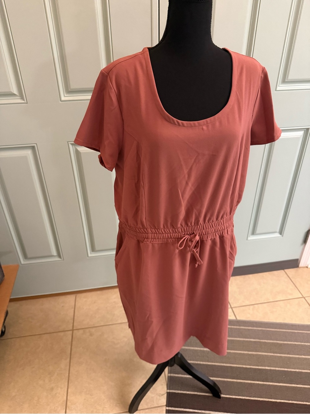 32 Degrees Scoop Neck Drawstring Waist Mini Dress - Dusty Rose